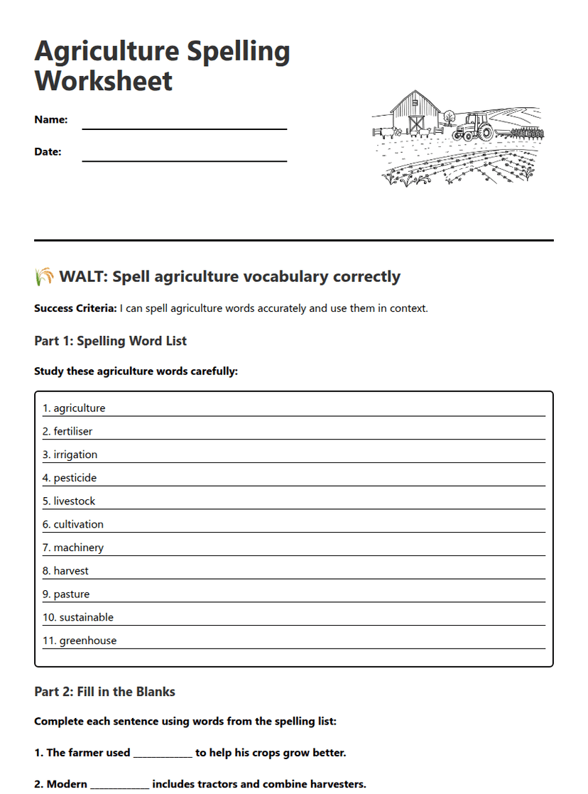 Agriculture Spelling Worksheet
