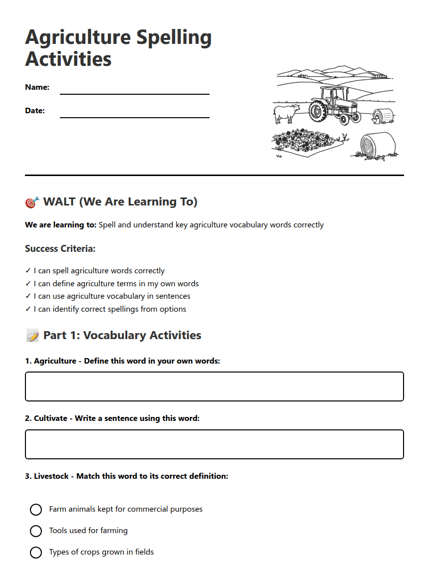 Agriculture Spelling Activities worksheet preview