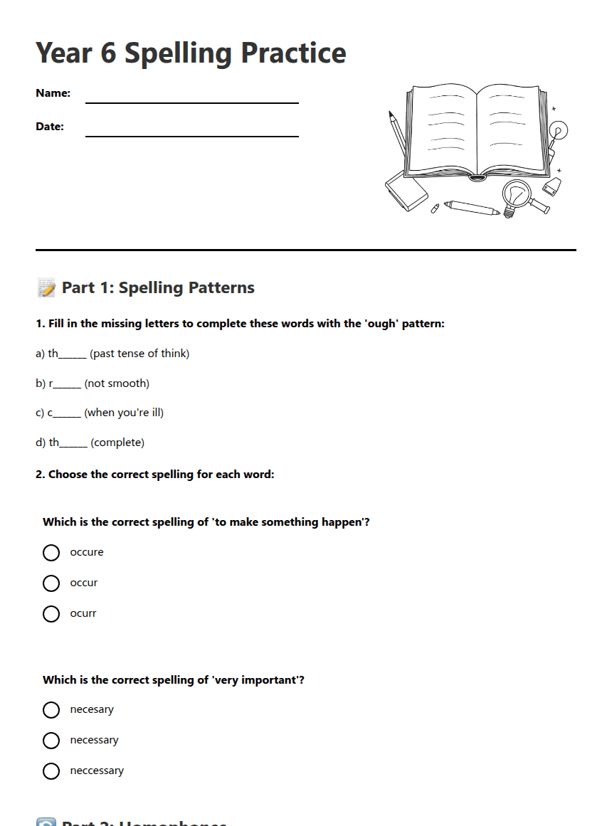 Year 6 Spelling Practice worksheet preview