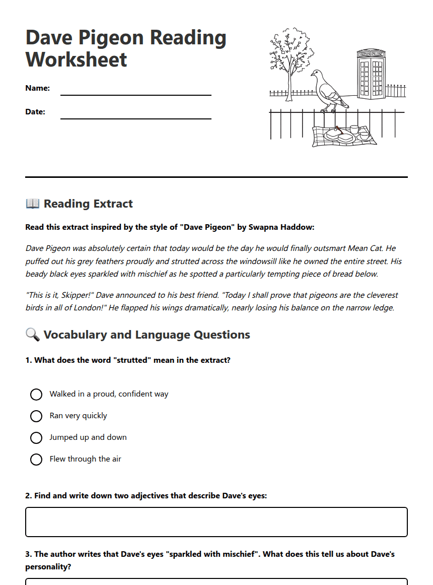 Dave Pigeon Reading Worksheet worksheet preview