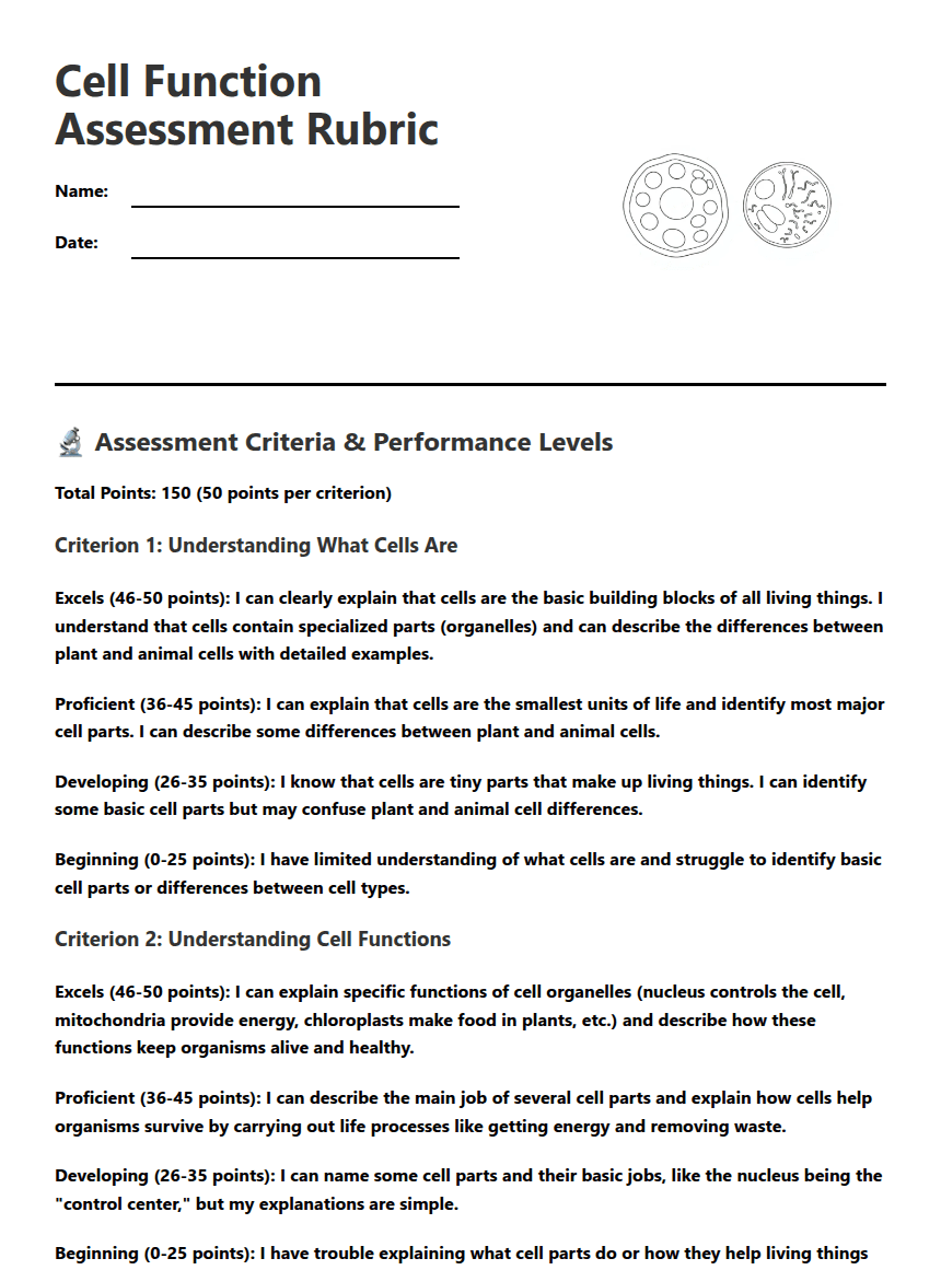 Cell Function Assessment Rubric worksheet preview