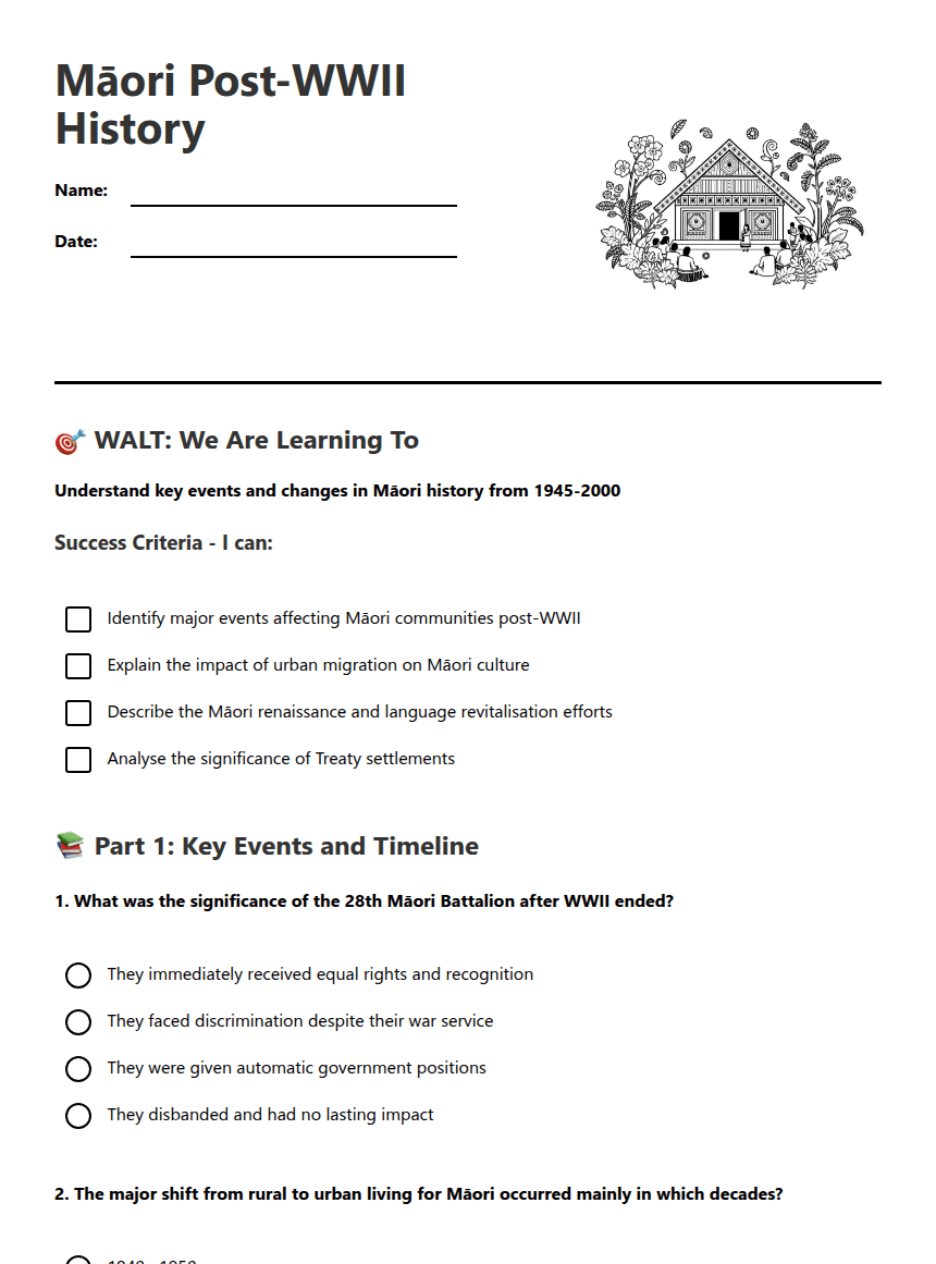 Māori Post-WWII History worksheet preview