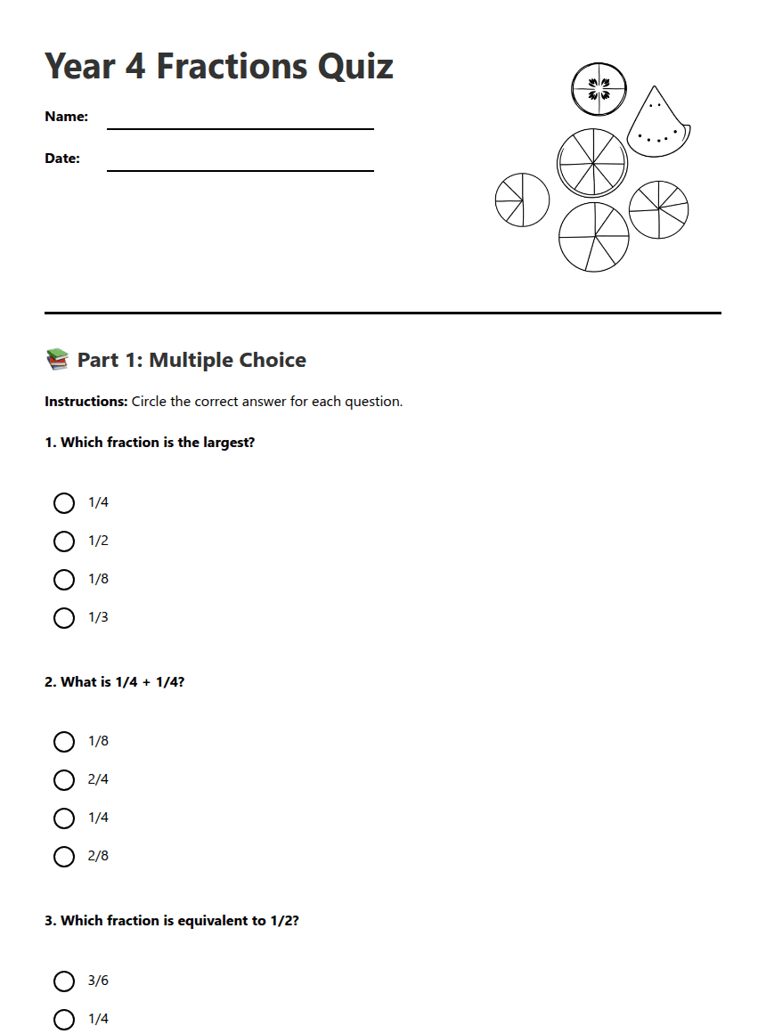 Year 4 Fractions Quiz worksheet preview