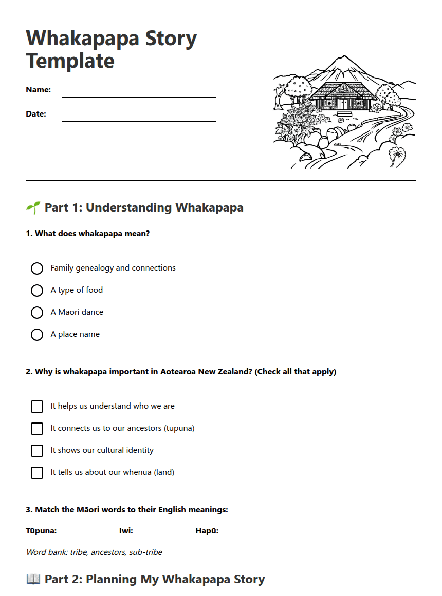 Whakapapa Story Template worksheet preview