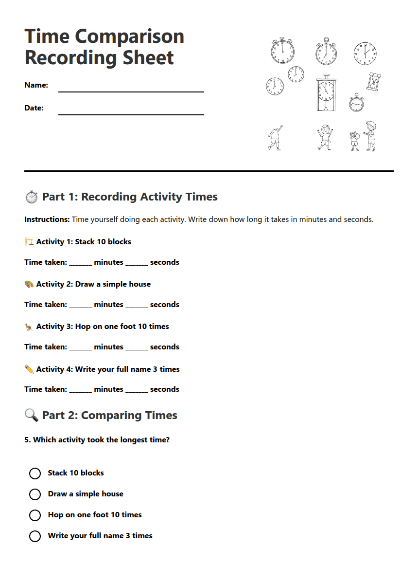Time Comparison Recording Sheet worksheet preview