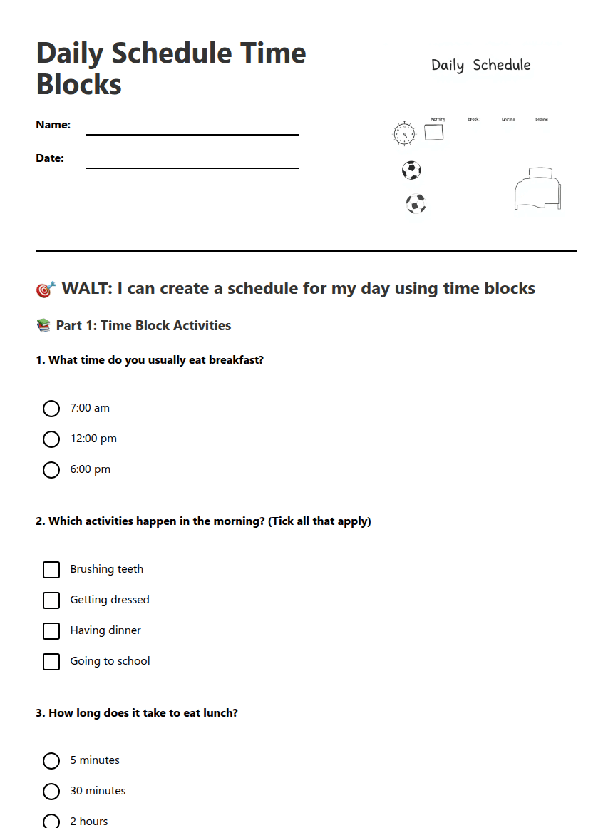 Daily Schedule Time Blocks worksheet preview