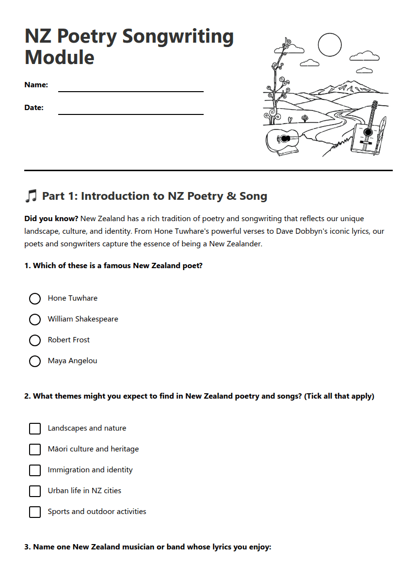 NZ Poetry Songwriting Module worksheet preview