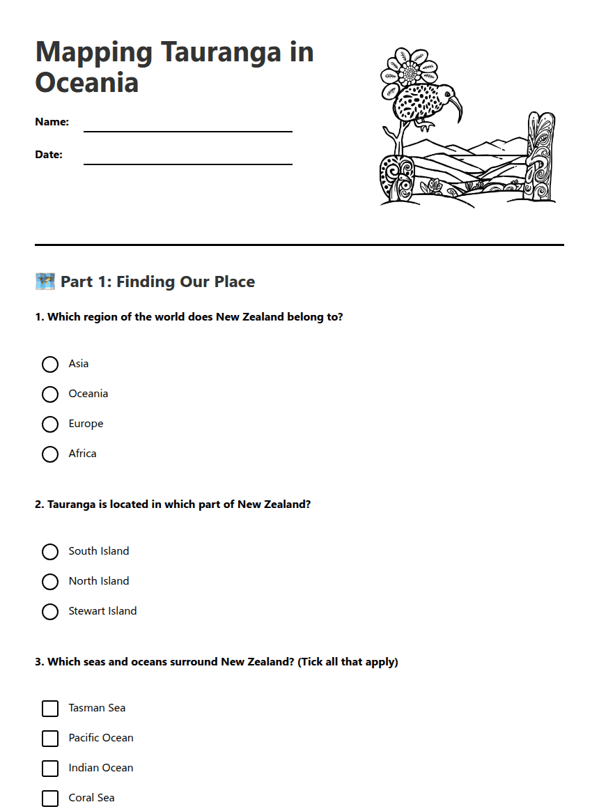 Mapping Tauranga in Oceania worksheet preview
