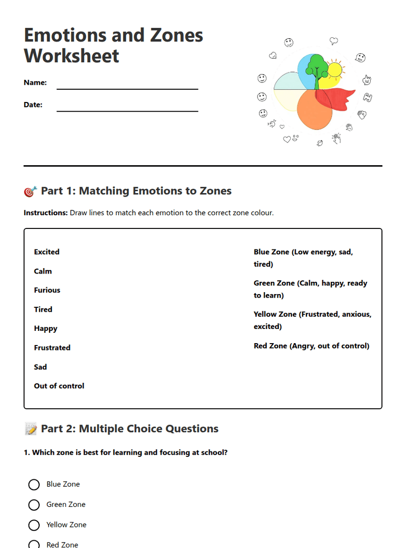 Emotions and Zones Worksheet