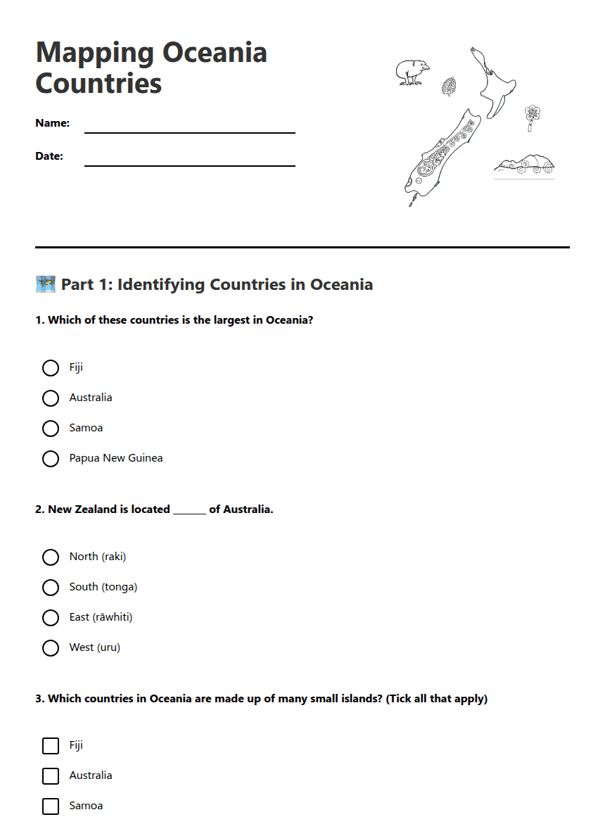 Mapping Oceania Countries worksheet preview