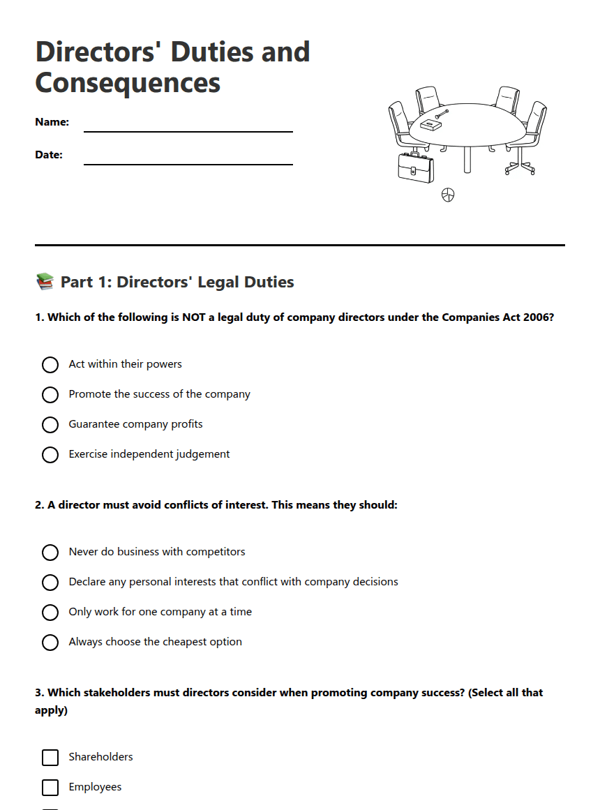 Directors' Duties and Consequences worksheet preview