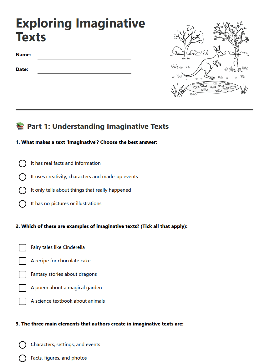 Exploring Imaginative Texts worksheet preview