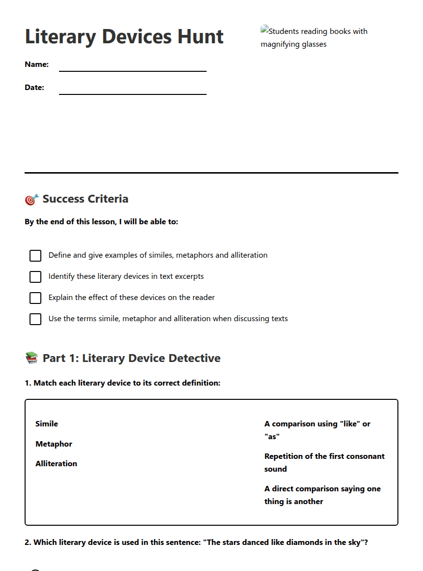 Literary Devices Hunt worksheet preview