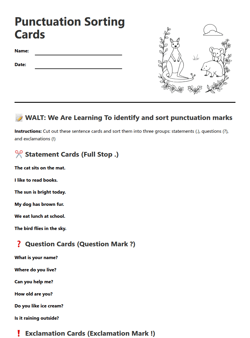 Punctuation Sorting Cards worksheet preview