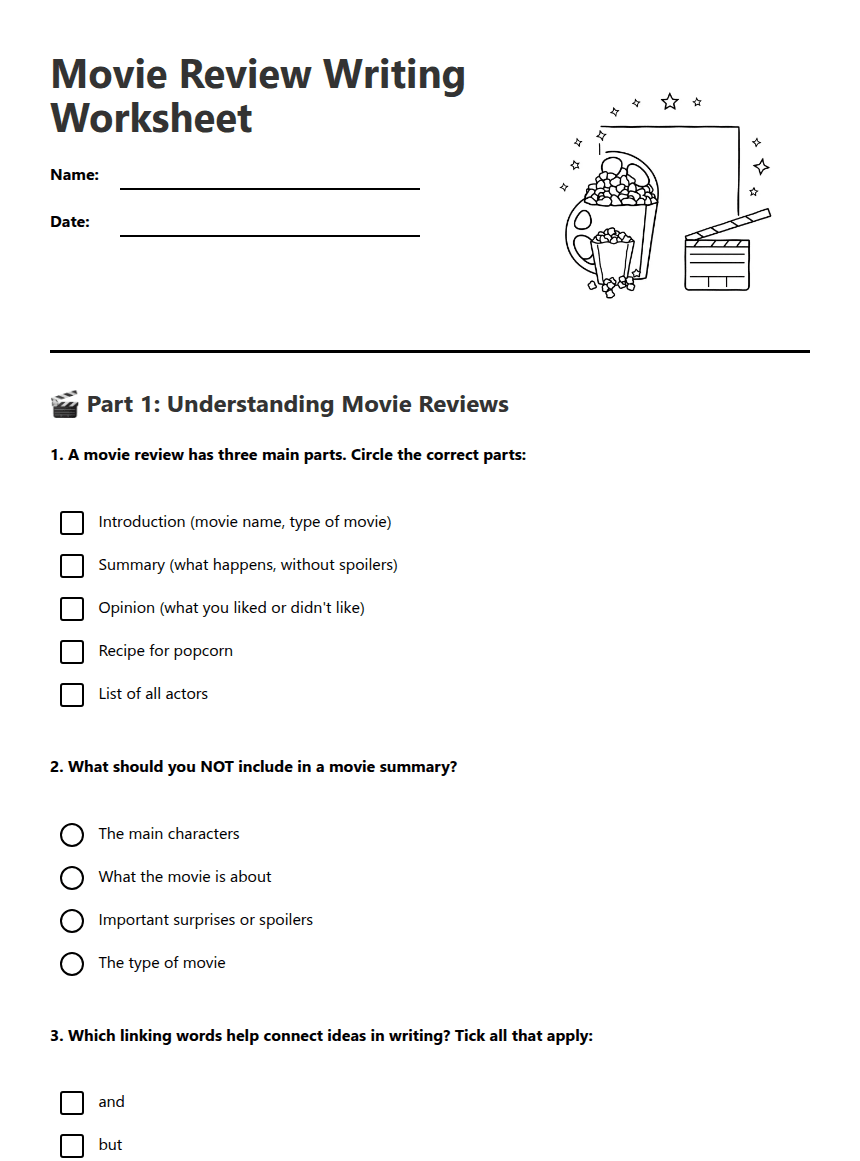 Movie Review Writing Worksheet worksheet preview