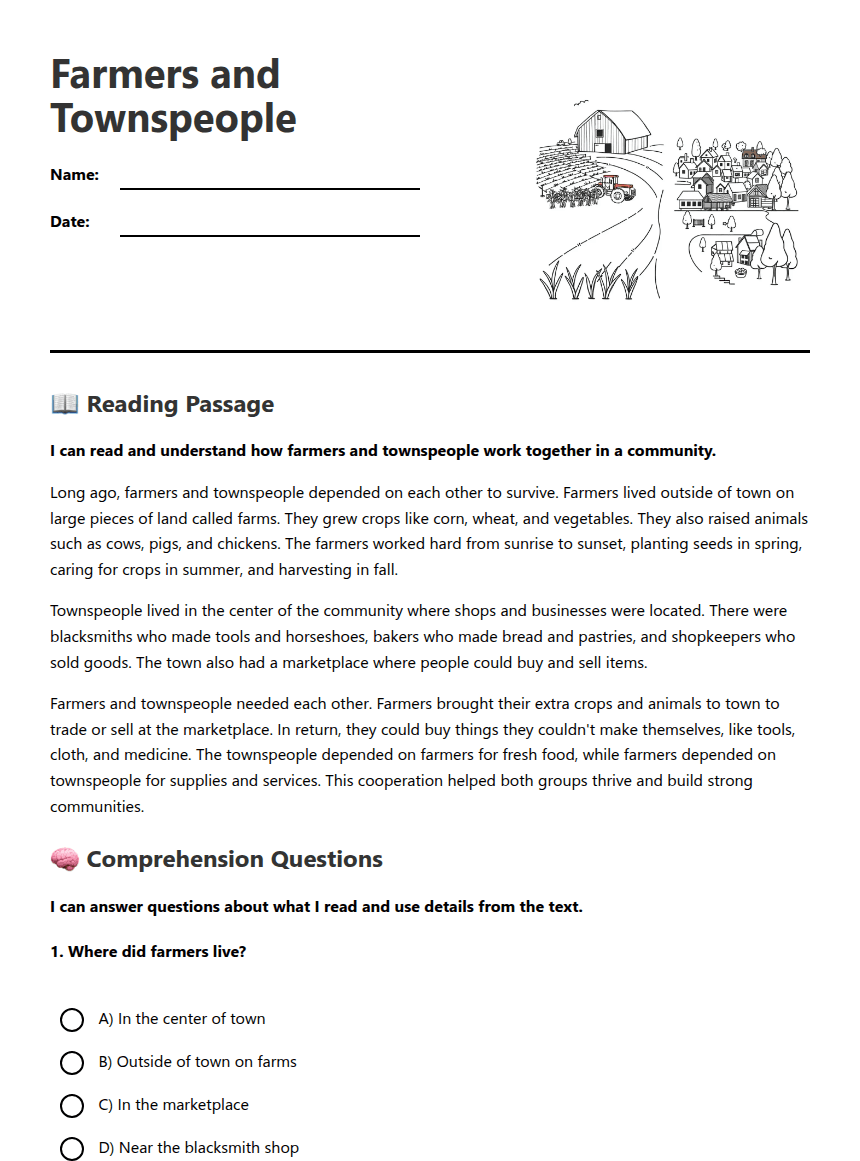 Farmers and Townspeople worksheet preview