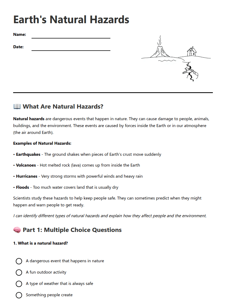 Earth's Natural Hazards worksheet preview