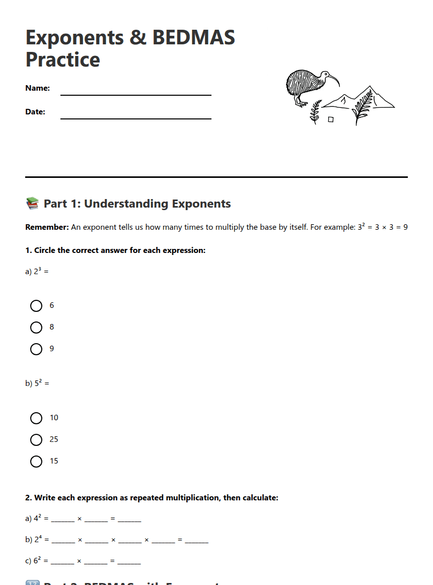 Exponents & BEDMAS Practice worksheet preview