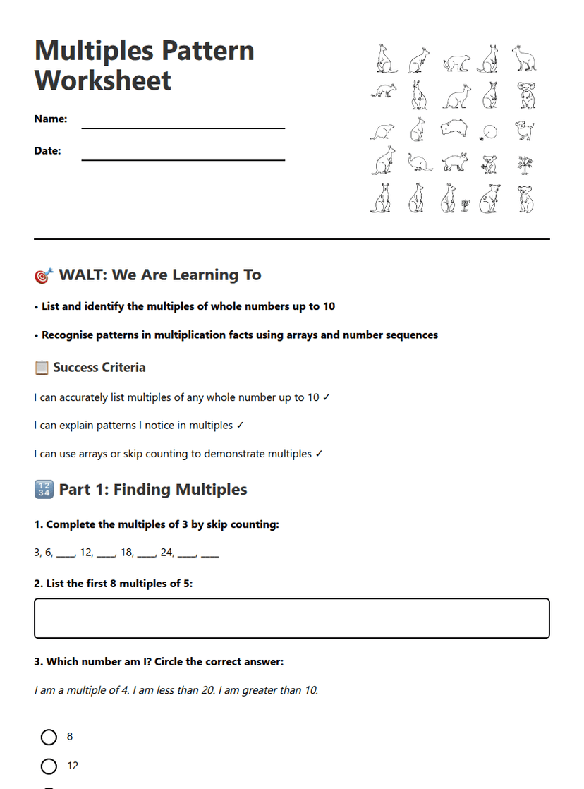 Multiples Pattern Worksheet