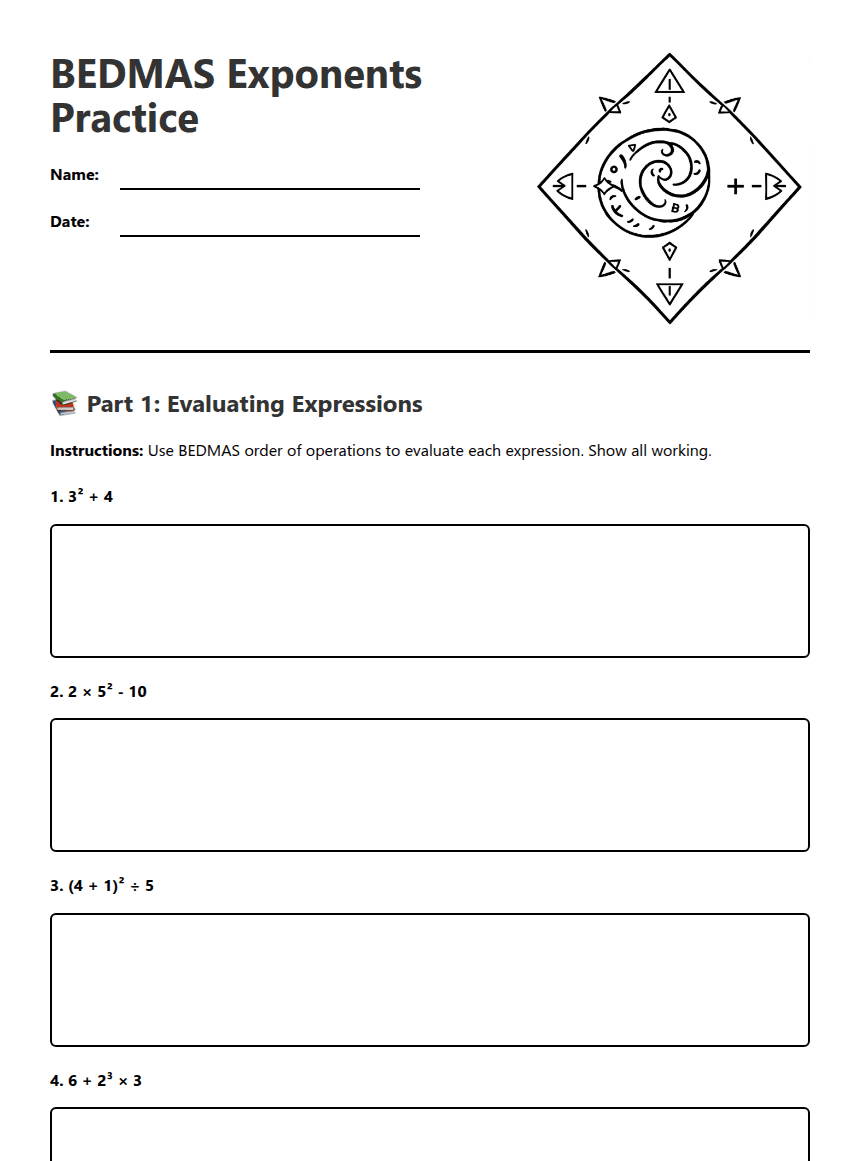 BEDMAS Exponents Practice worksheet preview