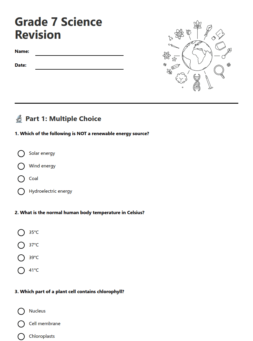 Grade 7 Science Revision worksheet preview