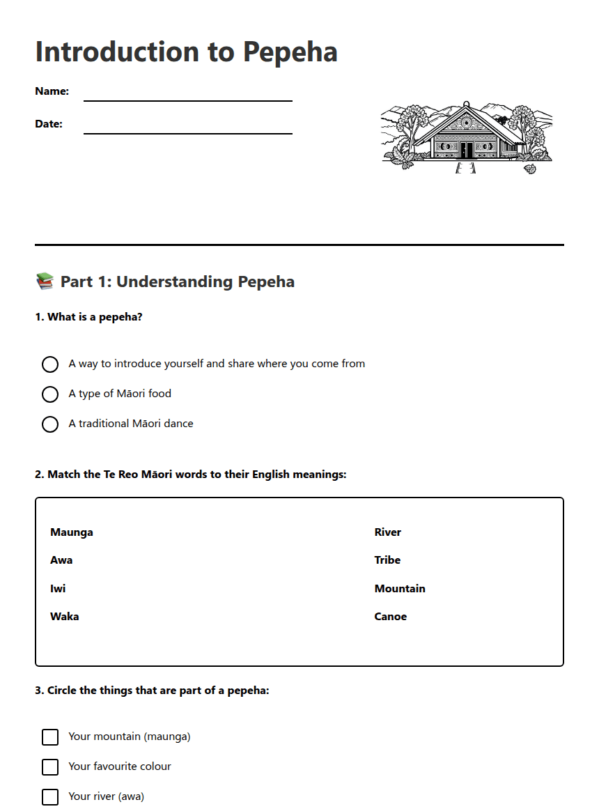 Introduction to Pepeha worksheet preview