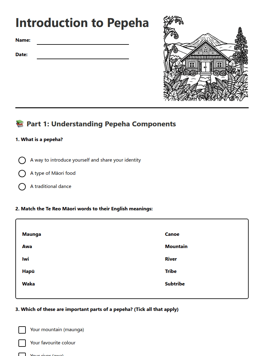 Introduction to Pepeha worksheet preview