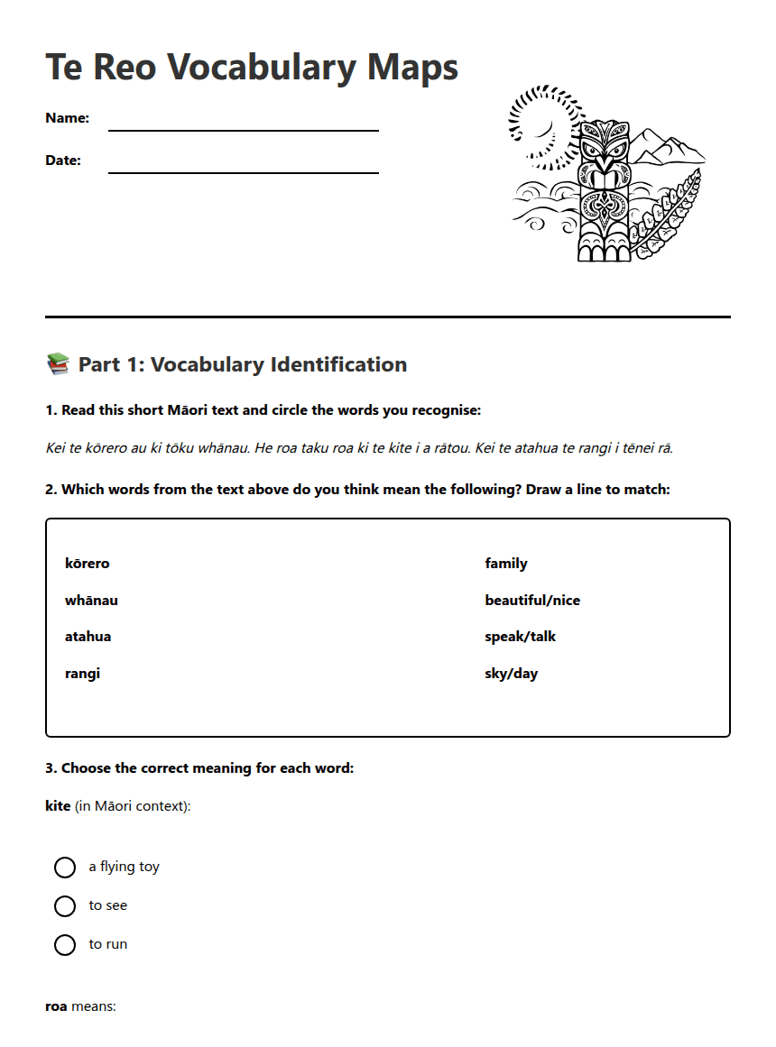 Te Reo Vocabulary Maps worksheet preview