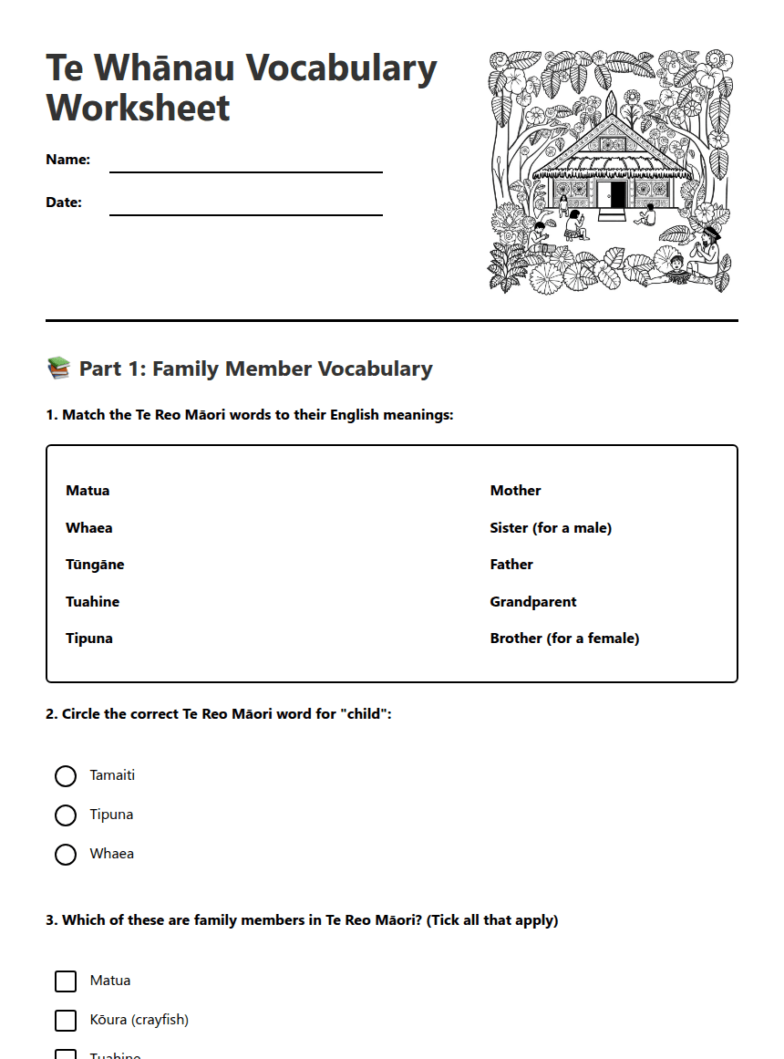Te Whānau Vocabulary Worksheet worksheet preview