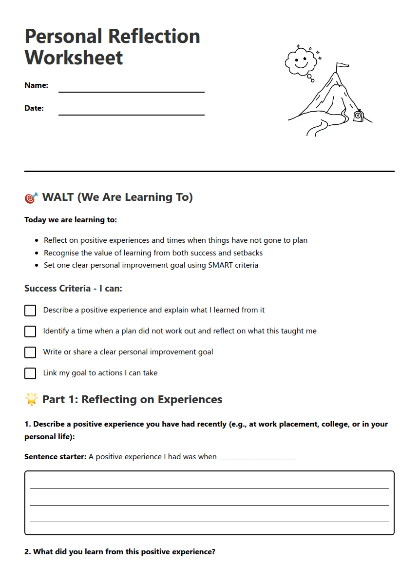 Personal Reflection Worksheet worksheet preview