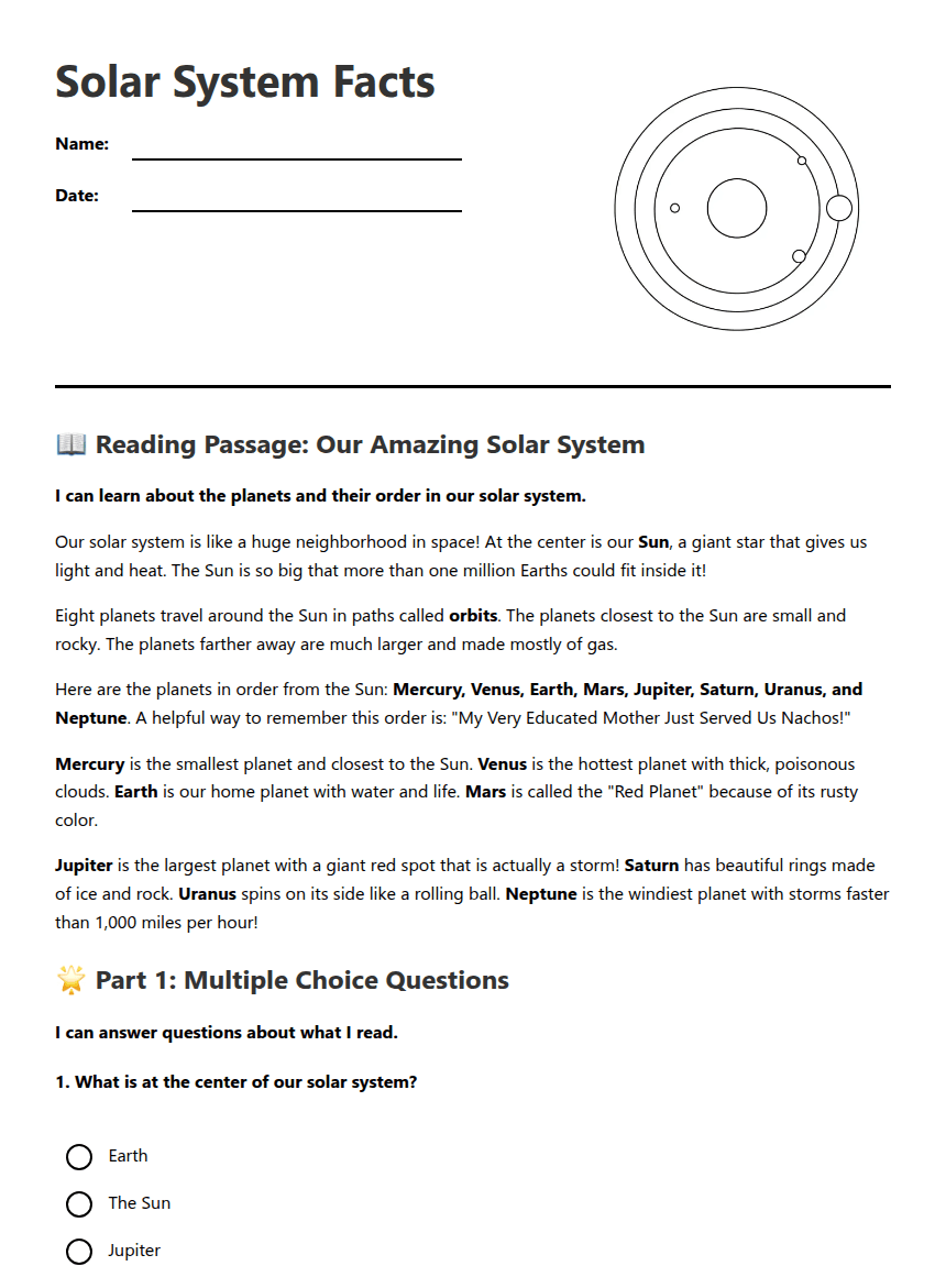 Solar System Facts worksheet preview