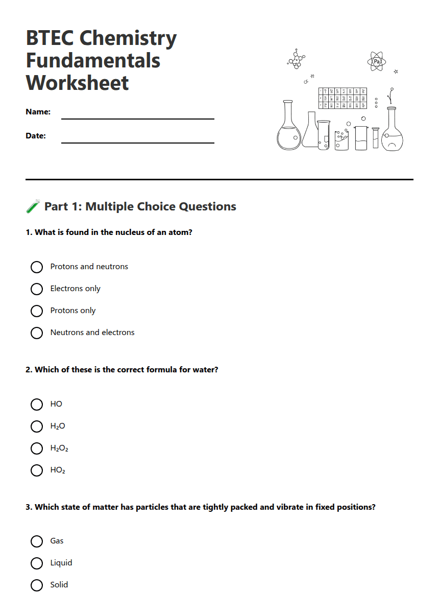 BTEC Chemistry Fundamentals Worksheet worksheet preview