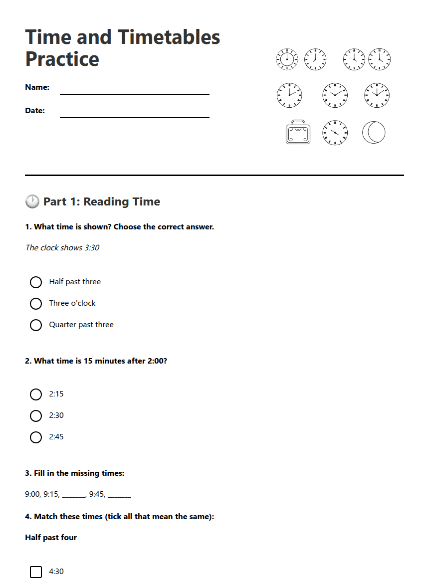 Time and Timetables Practice worksheet preview