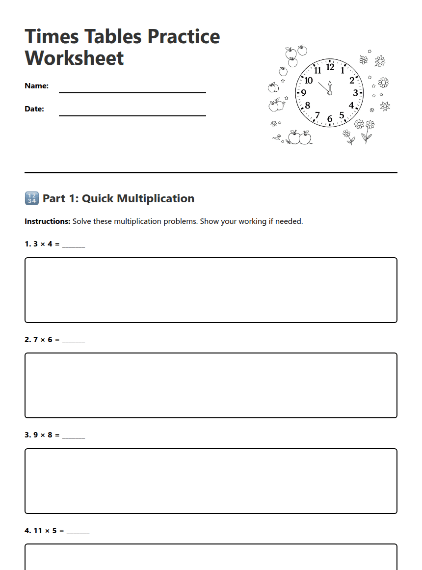 Times Tables Practice Worksheet worksheet preview