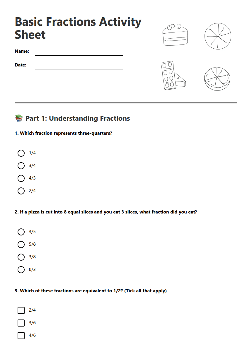 Basic Fractions Activity Sheet worksheet preview
