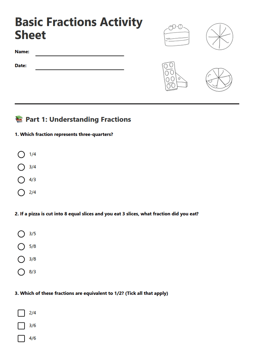 Basic Fractions Activity Sheet