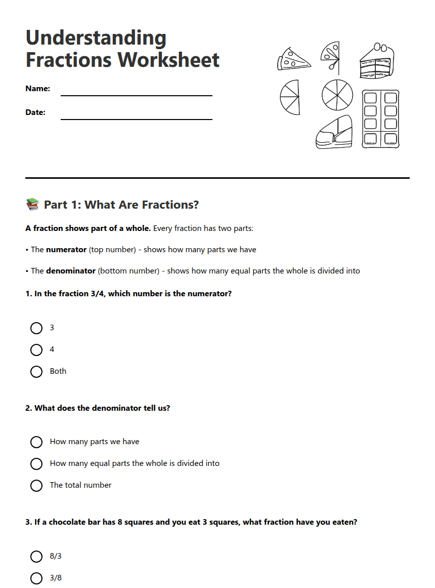 Understanding Fractions Worksheet worksheet preview