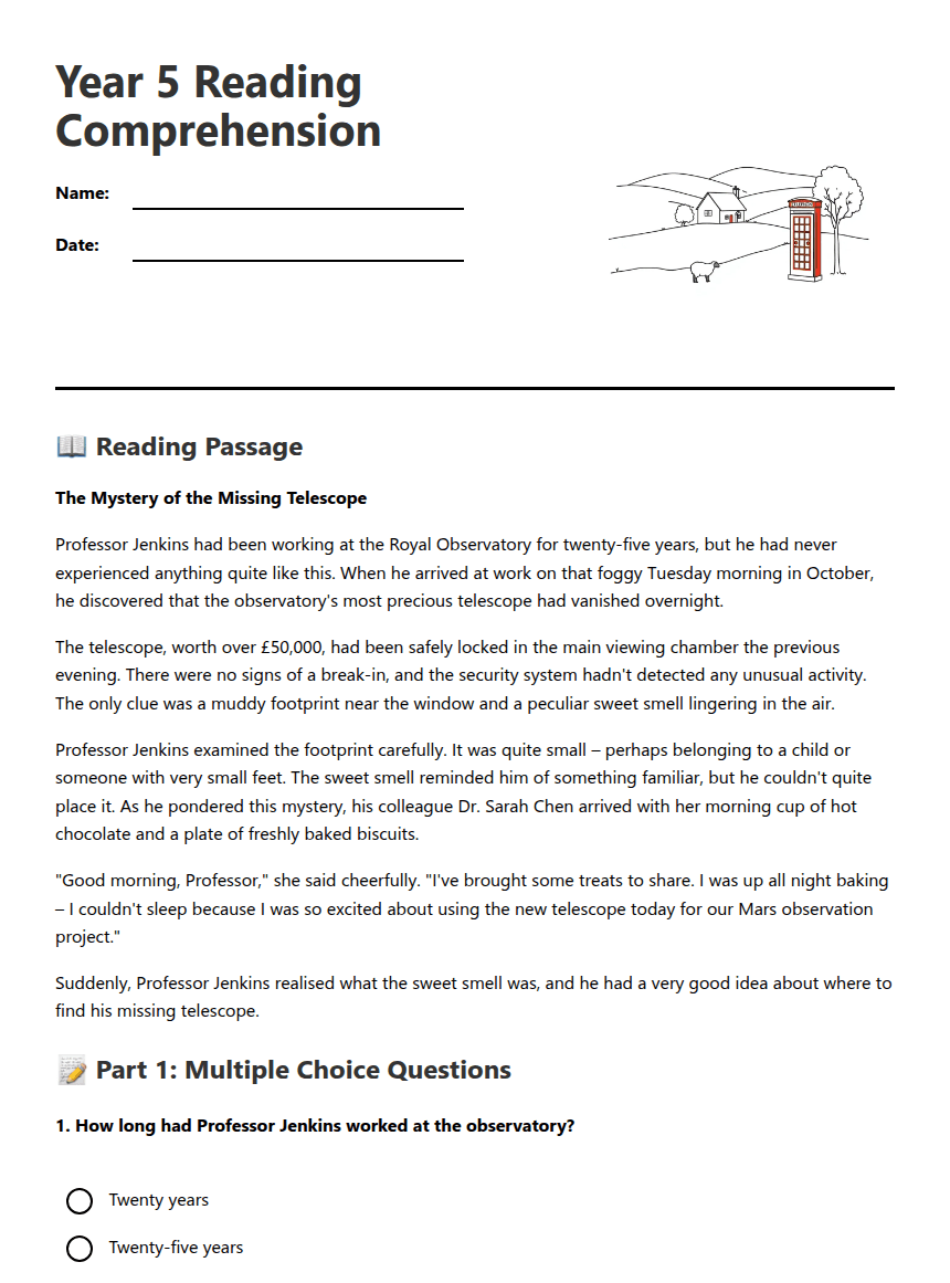 Year 5 Reading Comprehension worksheet preview