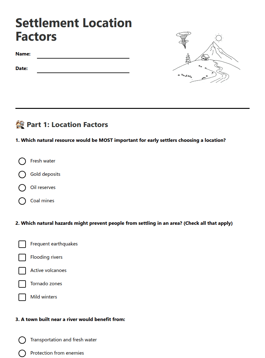Settlement Location Factors worksheet preview