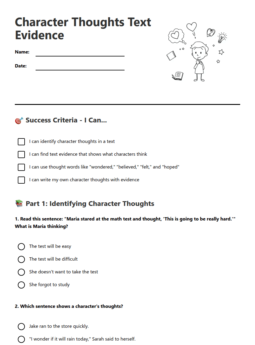 Character Thoughts Text Evidence worksheet preview