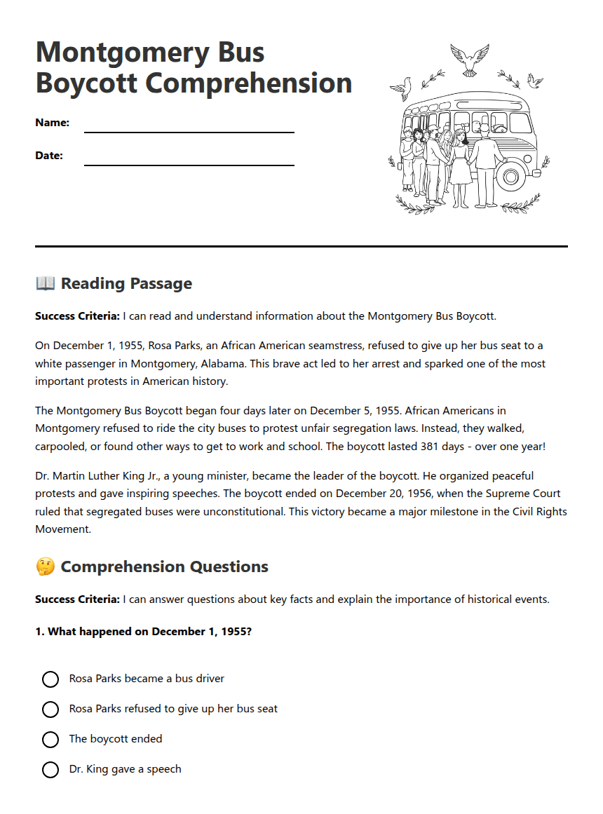 Montgomery Bus Boycott Comprehension worksheet preview