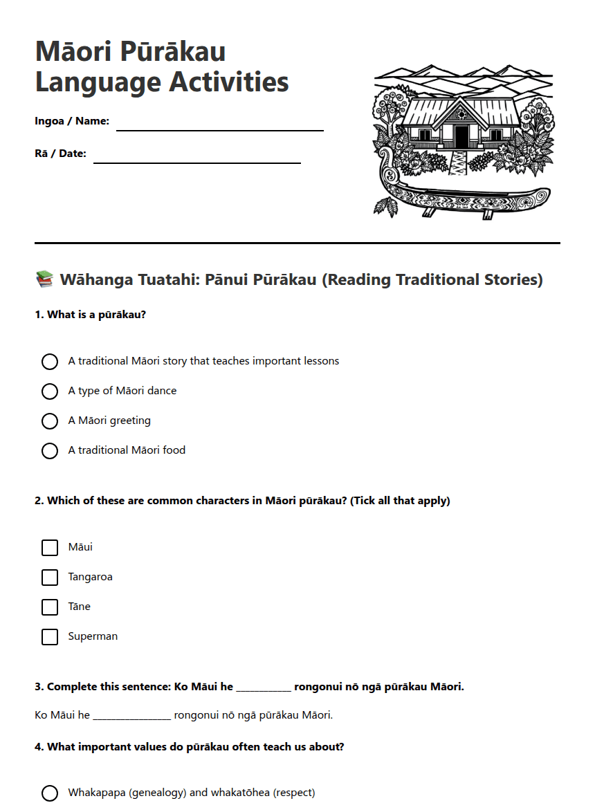 Māori Pūrākau Language Activities worksheet preview
