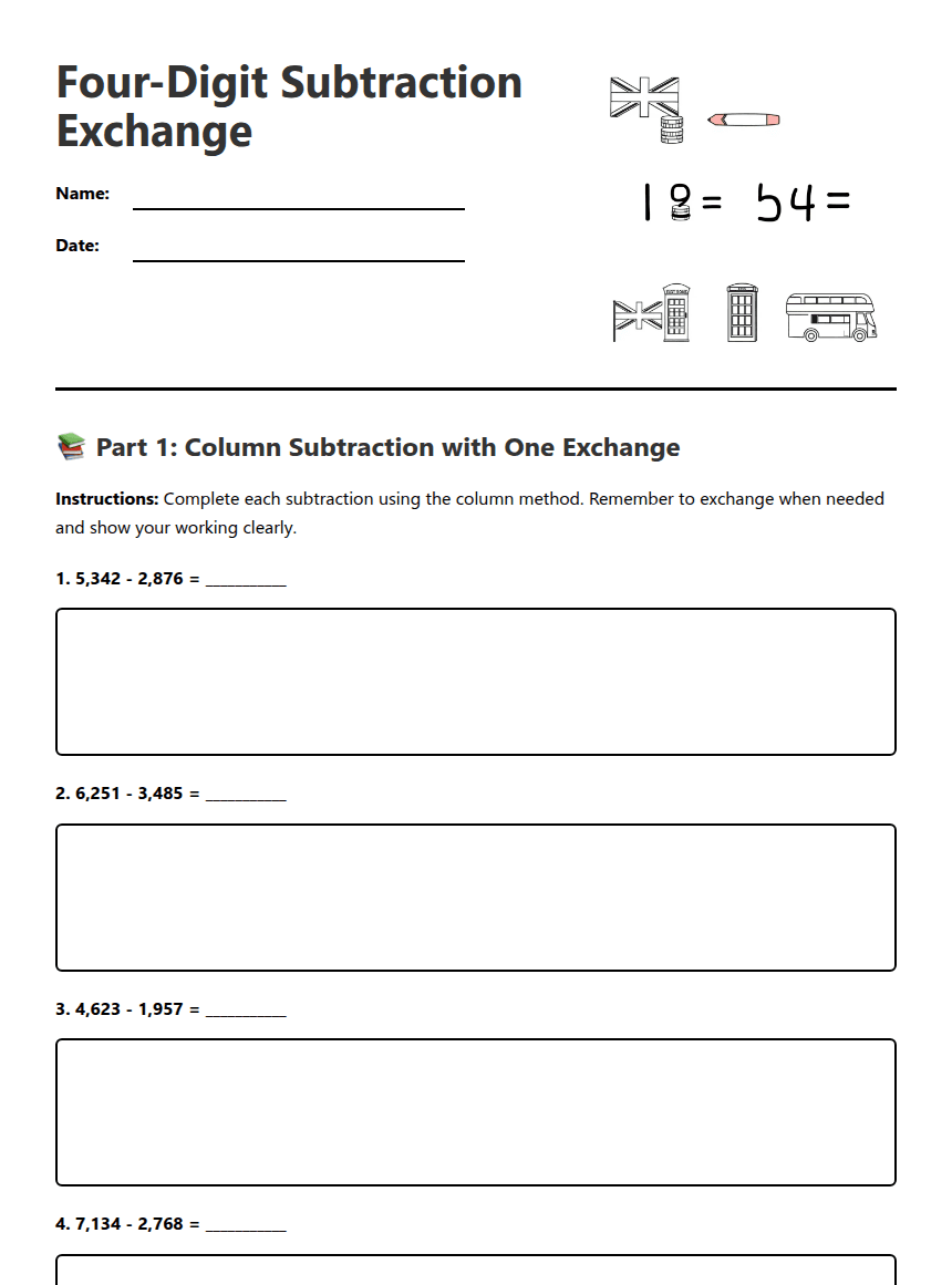 Four-Digit Subtraction Exchange worksheet preview