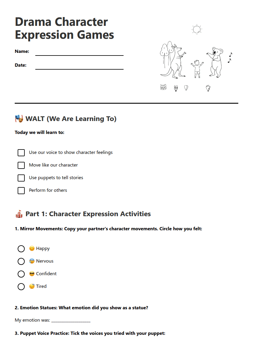 Drama Character Expression Games worksheet preview