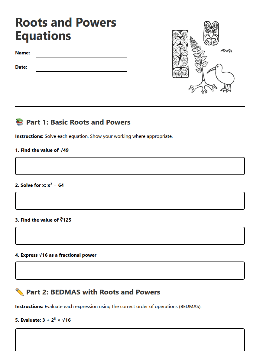 Roots and Powers Equations worksheet preview