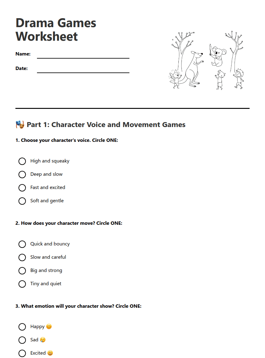 Drama Games Worksheet worksheet preview