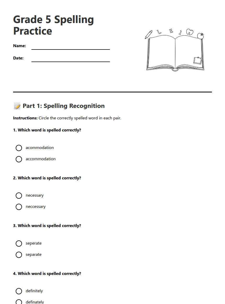 Grade 5 Spelling Practice worksheet preview