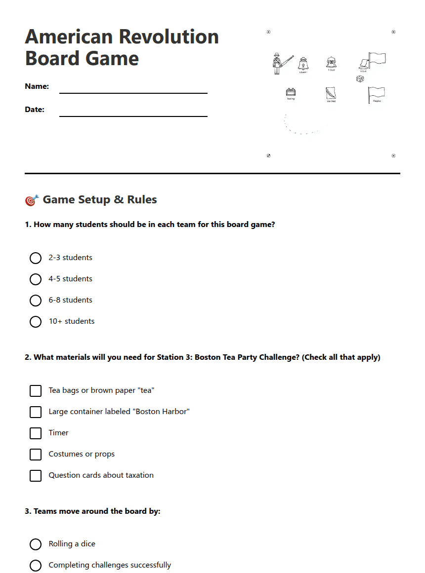 American Revolution Board Game worksheet preview