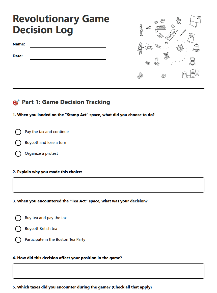 Revolutionary Game Decision Log worksheet preview