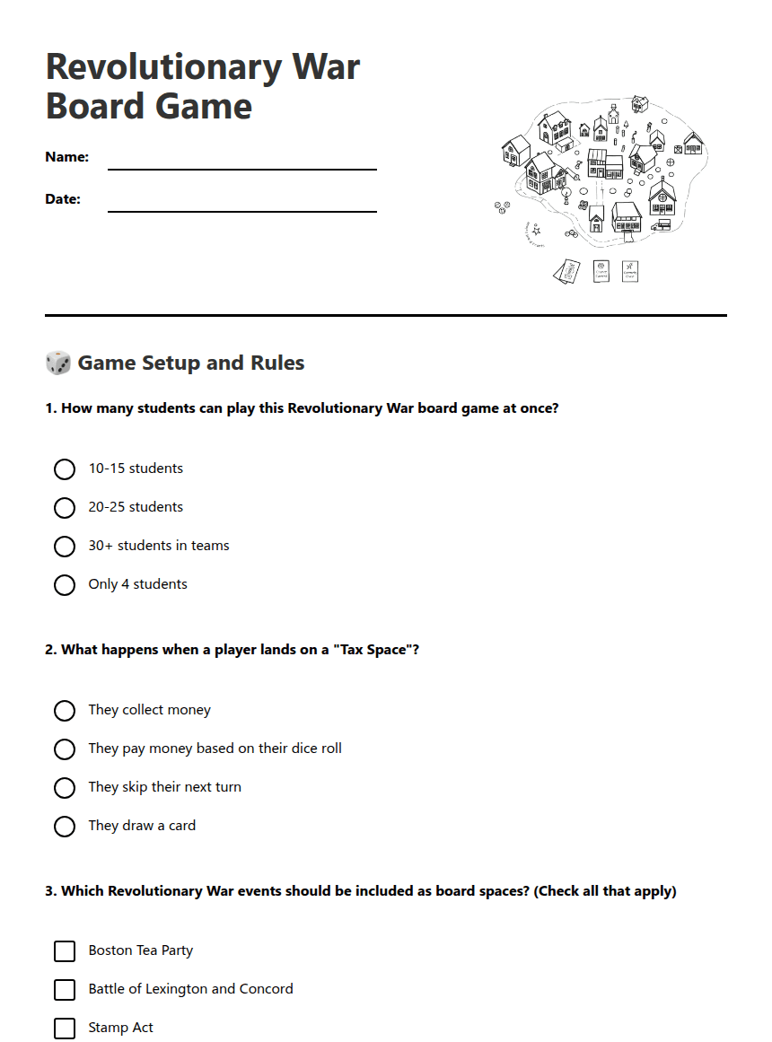 Revolutionary War Board Game worksheet preview